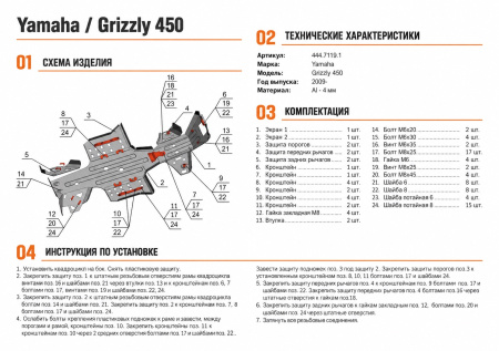 Схема и инструкция по установке: Комплект защит Yamaha ATV Grizzly 450 Rival 444.7119.1